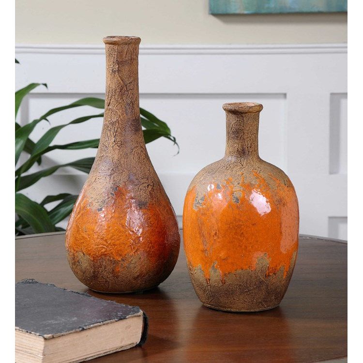 Uttermost Kadam Rust Brown and Bright Orange Ceramic Set of 2 Vases - Image 2
