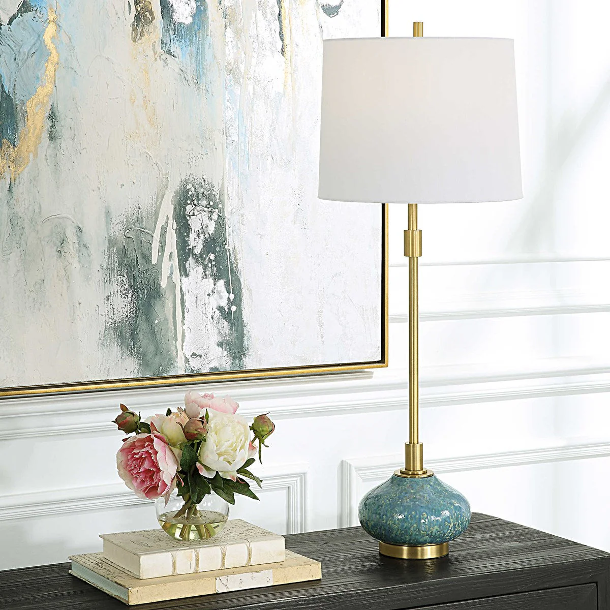Uttermost Kaimana Aged Blue and Seafoam Green Buffet Lamp With White Linen Shade - Image 5