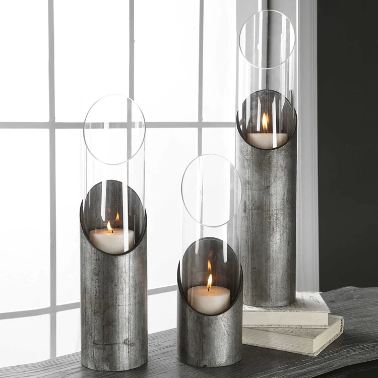 Uttermost Karter Iron and Glass Cylinder Set of 3 Candle Holders ~ Candles Included