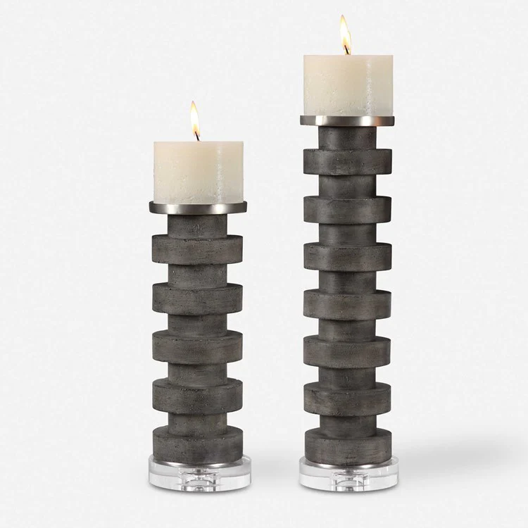 Uttermost Karun Charcoal Concrete and Crystal Set of 2 Candle Holders ~ Candles Included