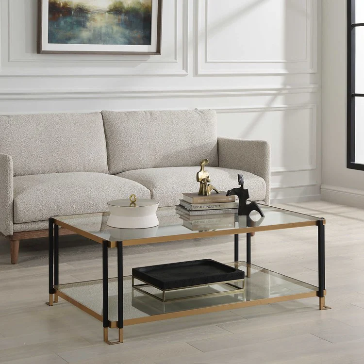 Uttermost Kentmore Glass Top With Matte Black and Brushed Gold Iron Coffee Table