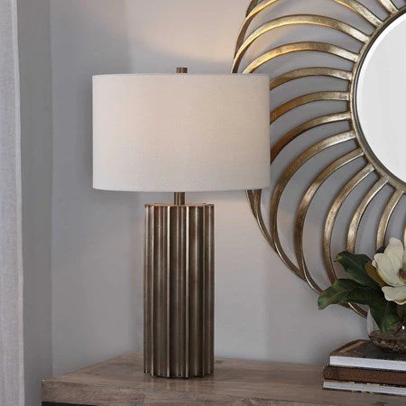 Uttermost Khalio Aged Gunmetal Fluted Table Lamp With White Linen Shade