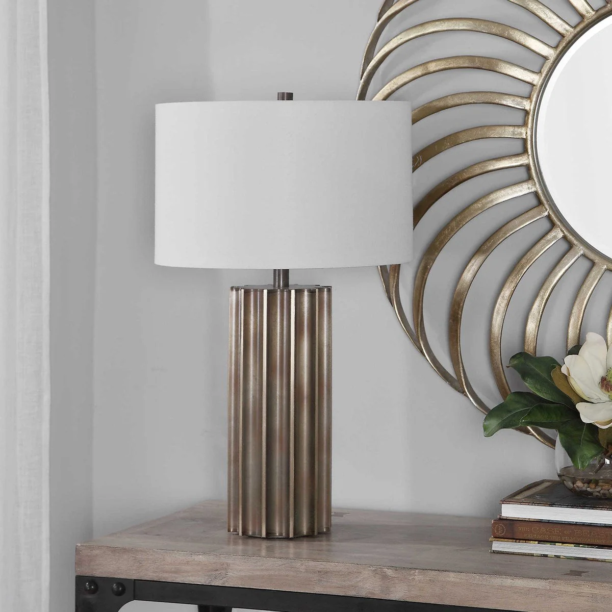 Uttermost Khalio Aged Gunmetal Fluted Table Lamp With White Linen Shade - Image 3