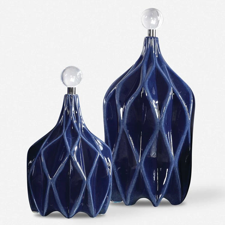 Uttermost Klara Glossy Cobalt Blue Ceramic Modern Set of 2 Decorative Bottles With Crystal Finials - Image 2