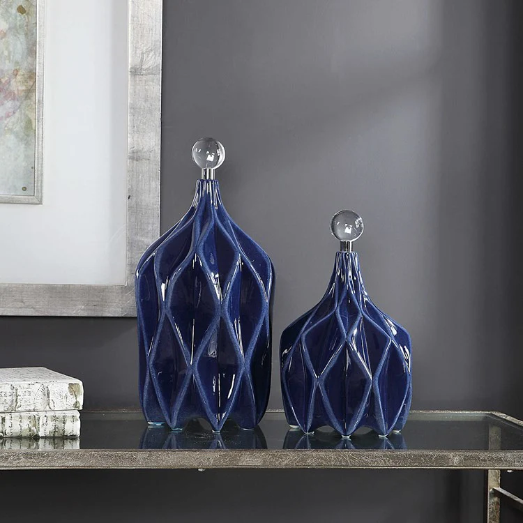 Uttermost Klara Glossy Cobalt Blue Ceramic Modern Set of 2 Decorative Bottles With Crystal Finials - Image 3