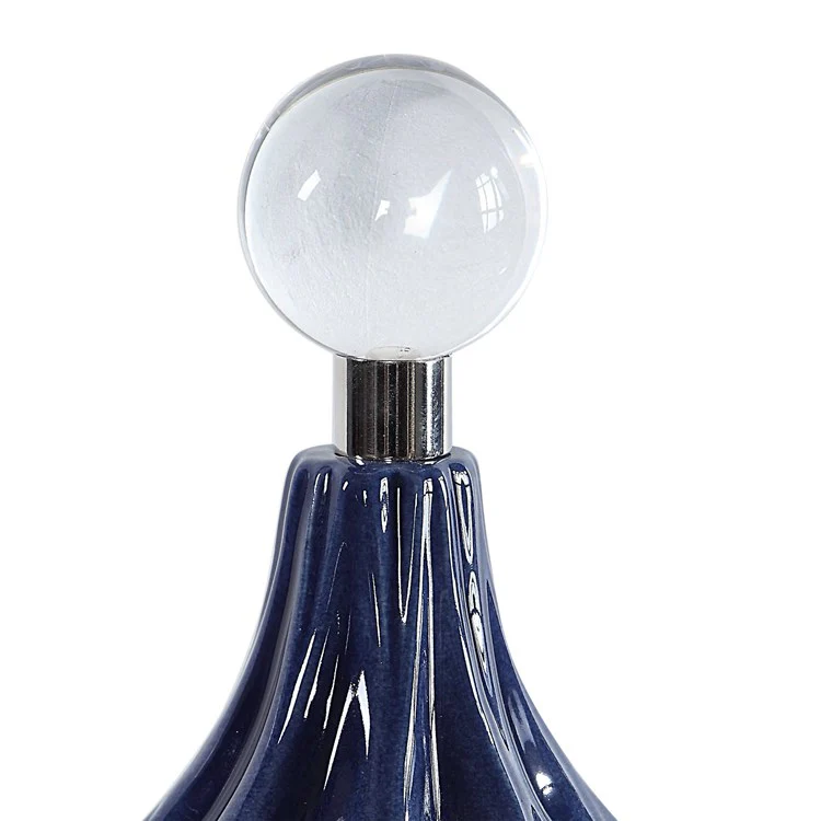 Uttermost Klara Glossy Cobalt Blue Ceramic Modern Set of 2 Decorative Bottles With Crystal Finials - Image 5