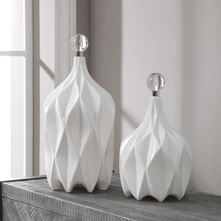 Uttermost Klara Glossy White Ceramic Modern Set of 2 Decorative Bottles With Crystal Finials