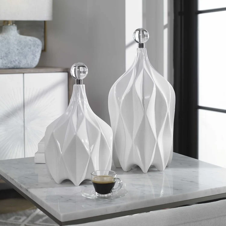 Uttermost Klara Glossy White Ceramic Modern Set of 2 Decorative Bottles With Crystal Finials - Image 2