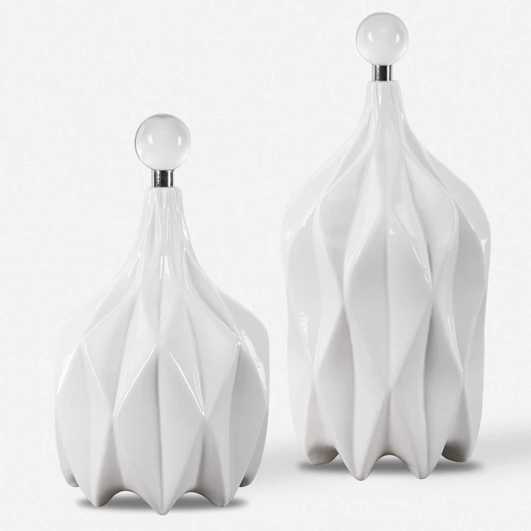 Uttermost Klara Glossy White Ceramic Modern Set of 2 Decorative Bottles With Crystal Finials - Image 3