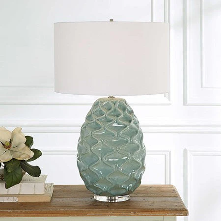Uttermost Laced Up Foam Gloss Glazed Ceramic Table Lamp With White Linen Shade - Image 3