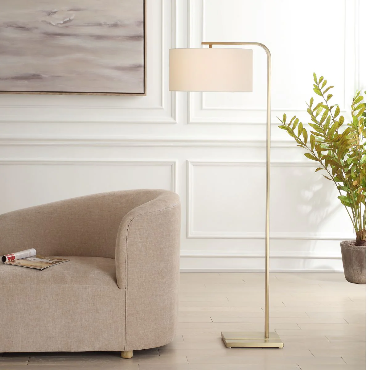 Uttermost Laight Antique Brass Floor Lamp With White Linen Shade