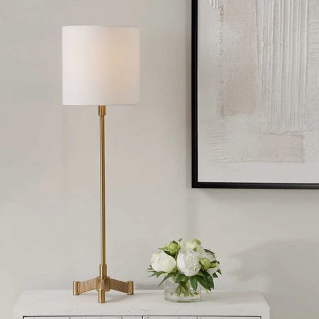 Uttermost Lautoka Brass Buffet Lamp With White Linen Shade