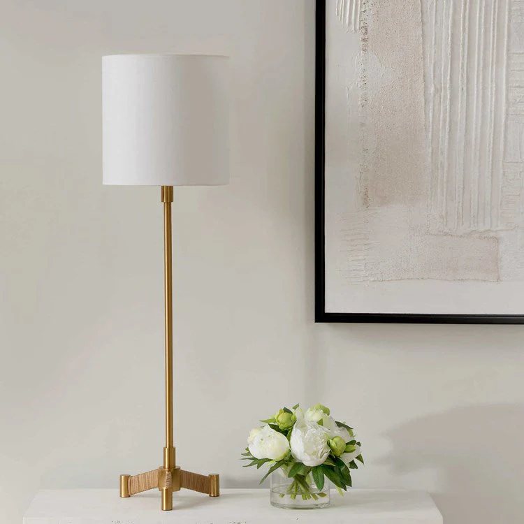 Uttermost Lautoka Brass Buffet Lamp With White Linen Shade - Image 3