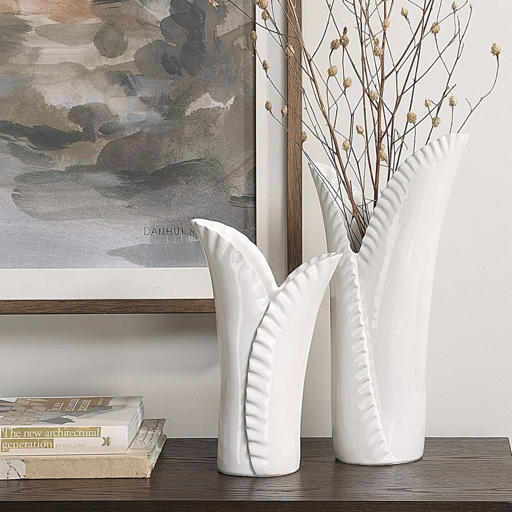Uttermost Leafscape Set Of Two White Ceramic Vases