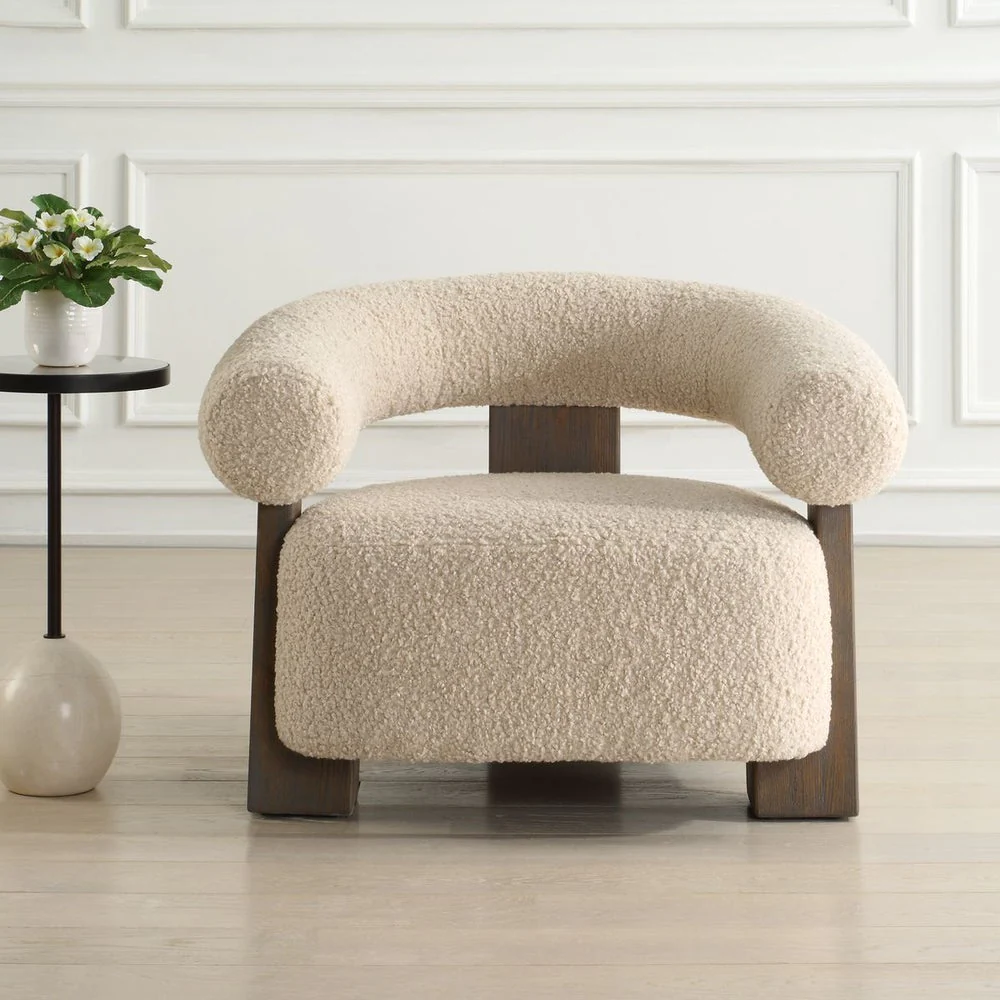 Uttermost Lennox Barrel Shearling Cushion Accent Chair With Dark Walnut Wood