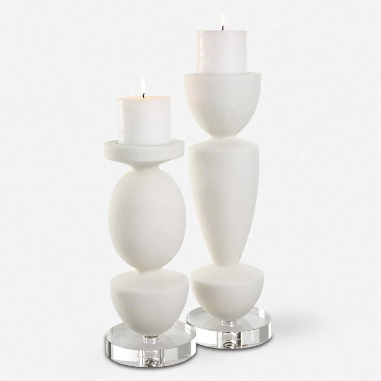 Uttermost Lido Sculptural Ivory Stone and Crystal Set of 2 Candle Holders ~ Candles Included - Image 2