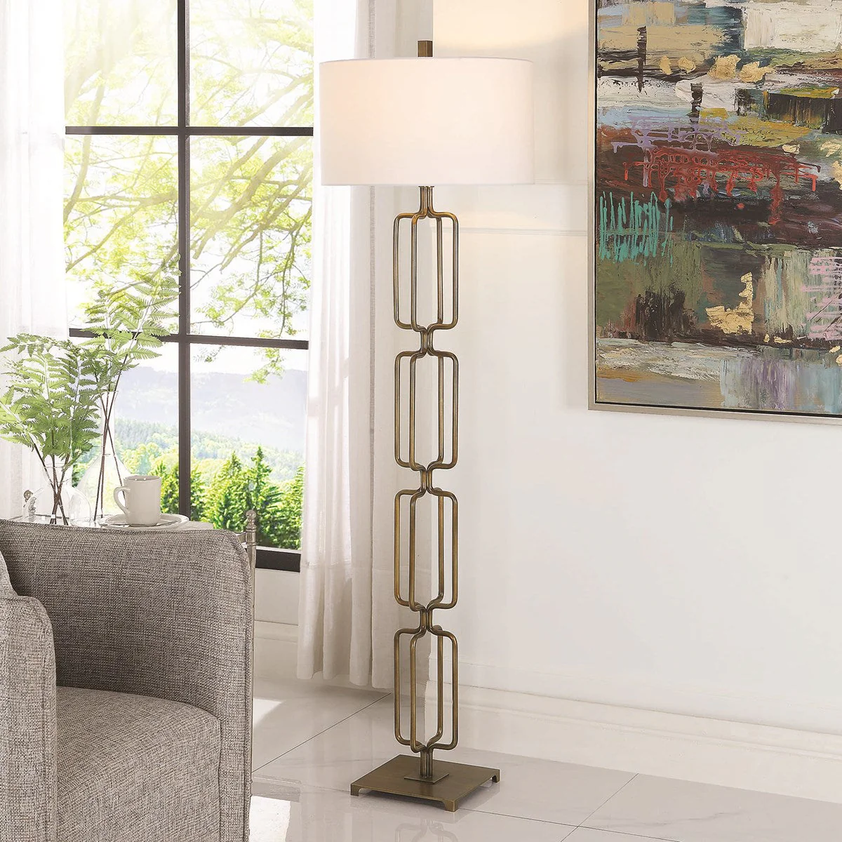 Uttermost Link Brushed Gold Iron Floor Lamp With White Linen Shade - Image 4