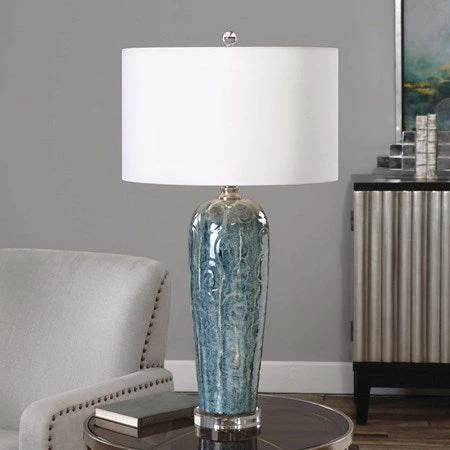 Uttermost Maira Heathered Blue Ceramic Table Lamp With White Linen Shade