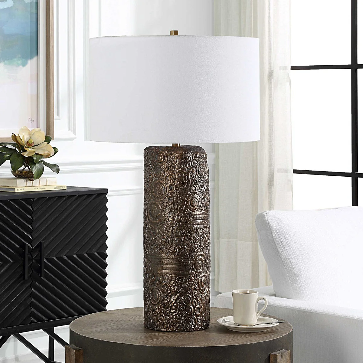 Uttermost Malaga Aged Bronze Ceramic Table Lamp With White Linen Shade
