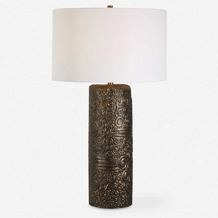 Uttermost Malaga Aged Bronze Ceramic Table Lamp With White Linen Shade - Image 2
