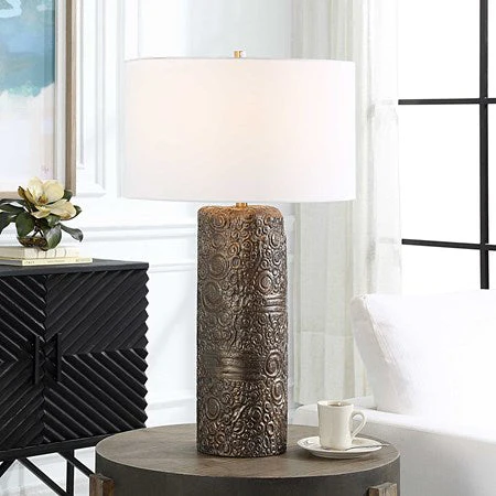 Uttermost Malaga Aged Bronze Ceramic Table Lamp With White Linen Shade - Image 3