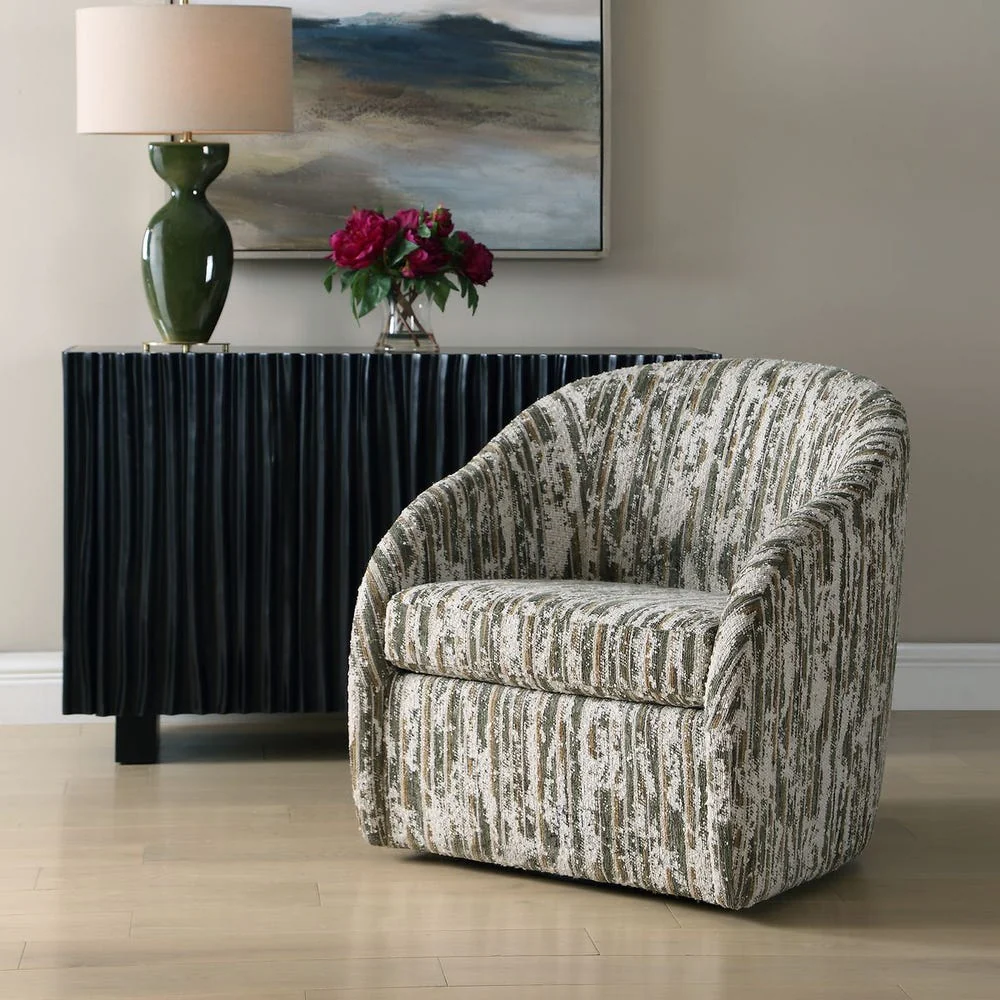 Uttermost Mari Moss Green, Carmel, And Ivory Barrel Swivel Chair
