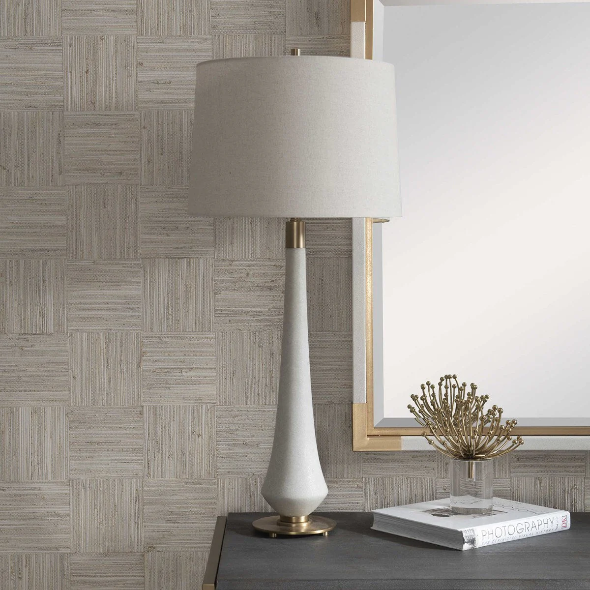 Uttermost Marille Ivory Stone Table Lamp With Light  Khaki Shade - Image 4