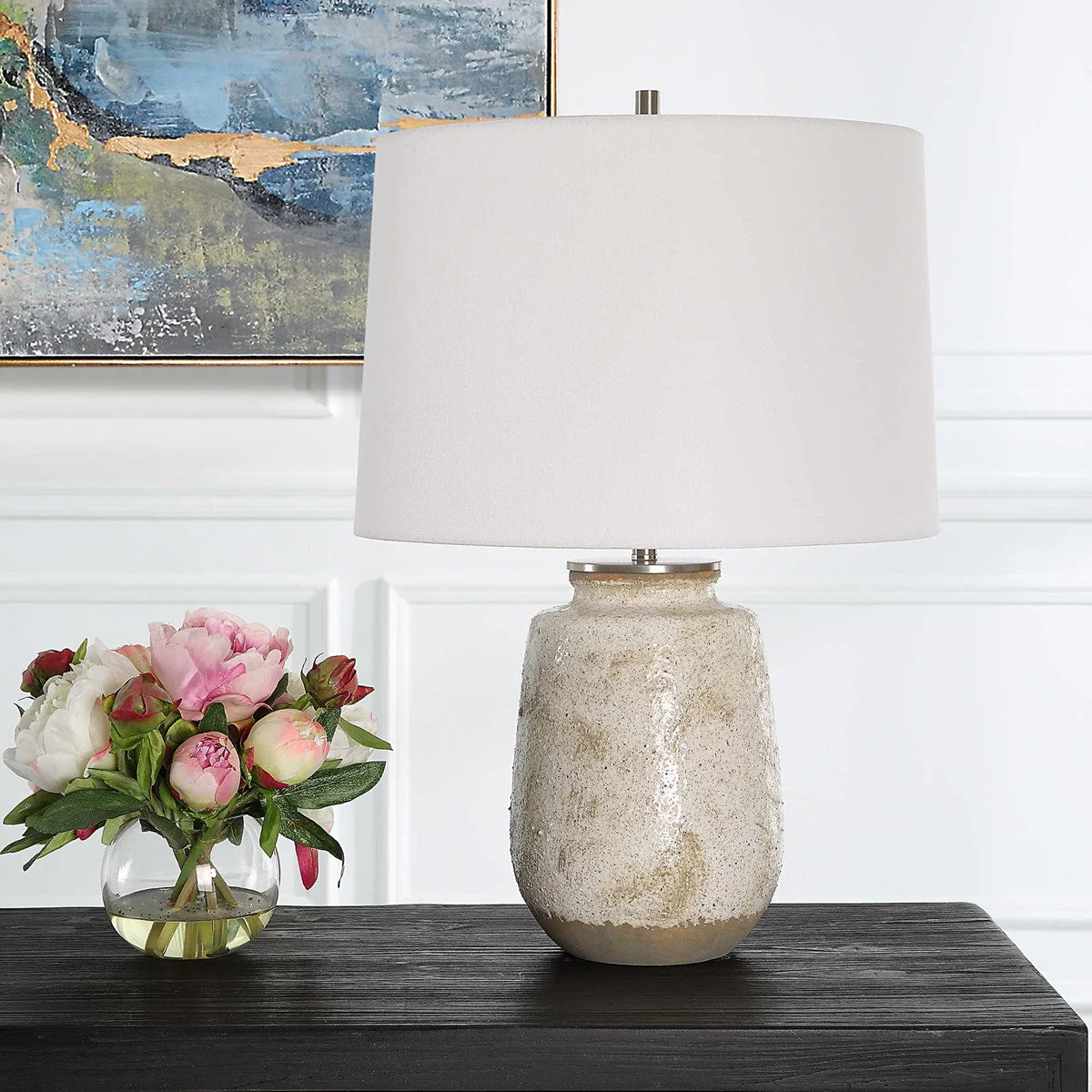 Uttermost Medan Taupe and Dove Gray Glazed Ceramic Table Lamp With White Linen Shade - Image 2