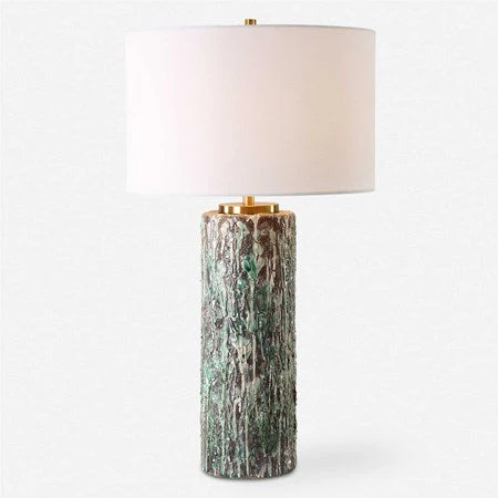 Uttermost Meltdown Ivory and Teal Textured Ceramic Table Lamp With White Linen Shade - Image 2