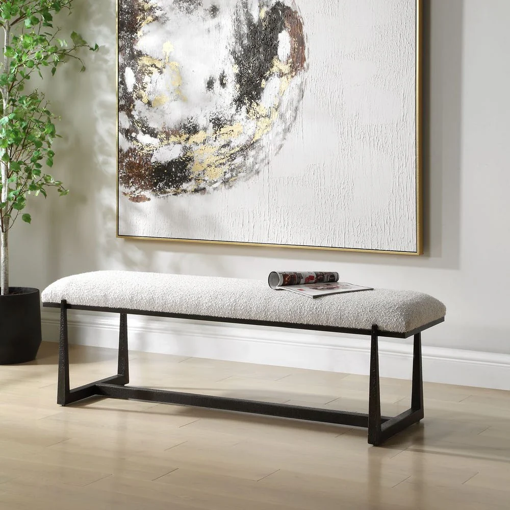 Uttermost Midas With Textured Black Iron Legs And Bone White Boucle Bench - Image 2