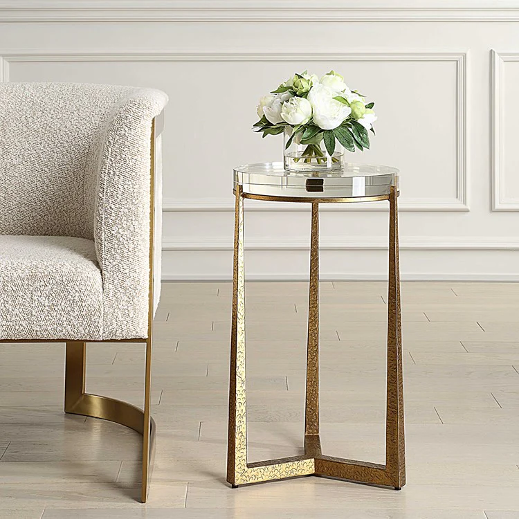 Uttermost Midas Crystal Top With Textured Antique Gold Finish Iron Round Accent Table - Image 2