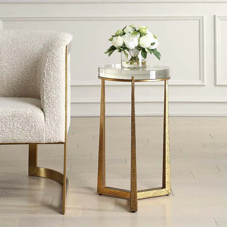 Uttermost Midas Crystal Top With Textured Antique Gold Finish Iron Round Accent Table - Image 3