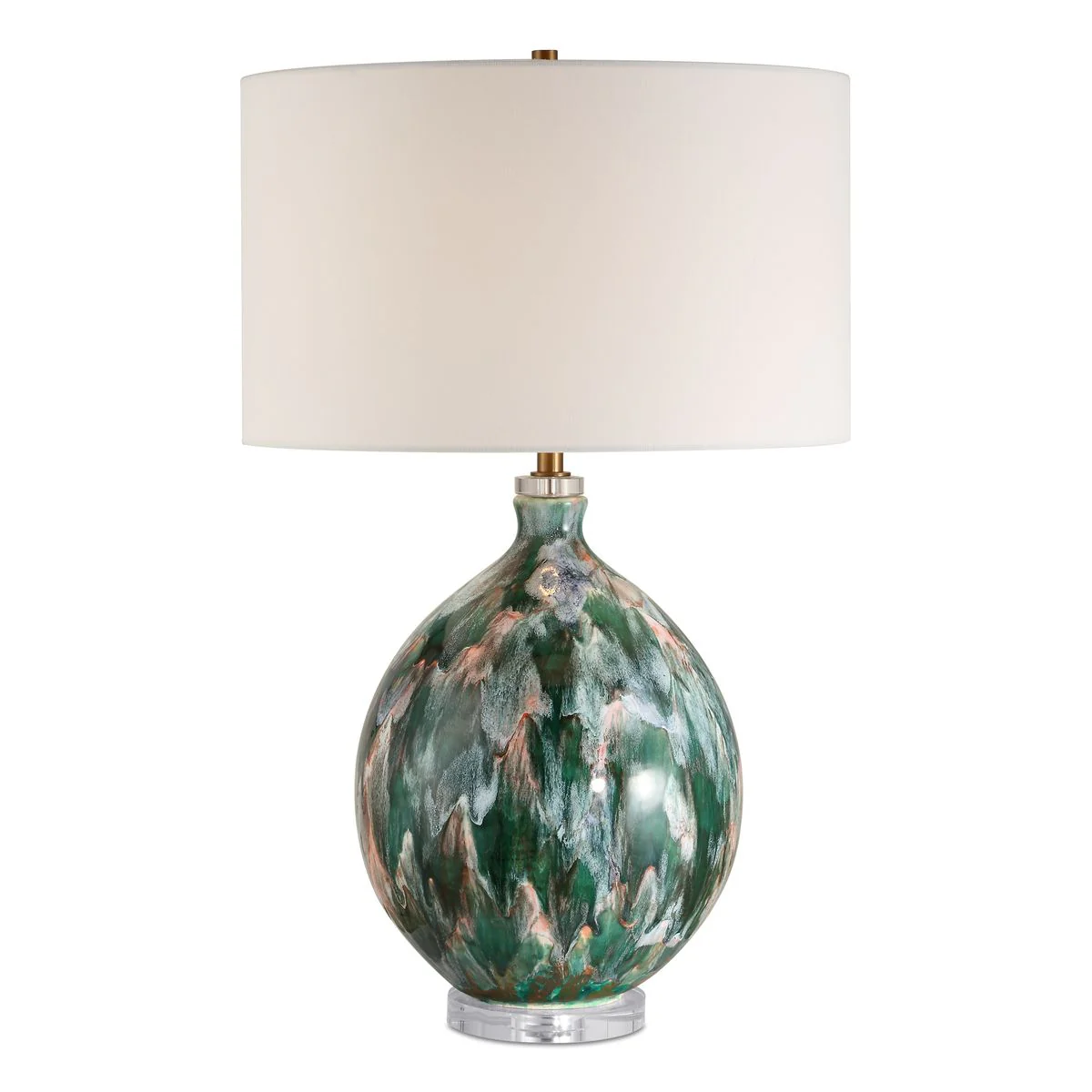 Uttermost Mihaela Ivory, Dark Green And Salmon Glazed Base Table Lamp With White Linen Shade - Image 2