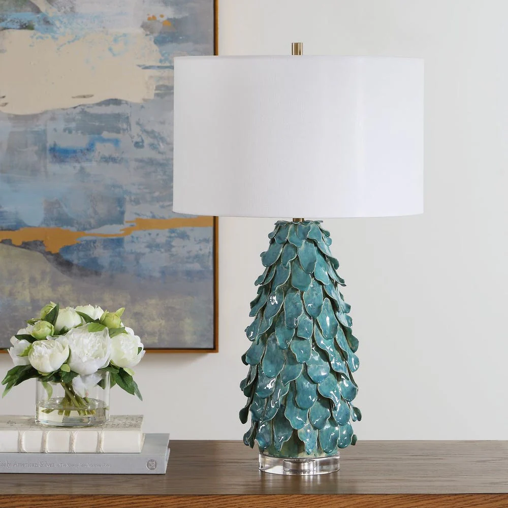 Uttermost Mina Aged Teal Blue Table Lamp With Crisp White Linen Shade - Image 2