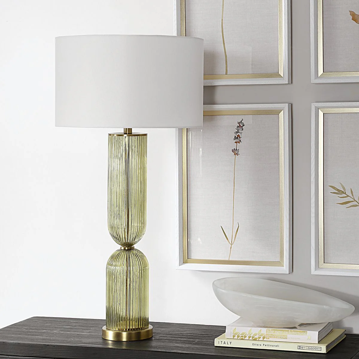 Uttermost Mirah Transparent Olive Glass & Brass-Plated Details Table Lamp - Image 2