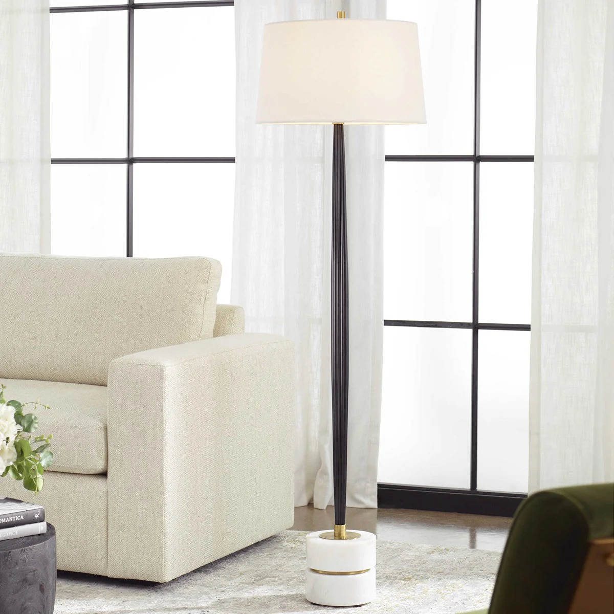 Uttermost Miraz Brushed Brass and Marble Floor Lamp With White Shade - Image 3