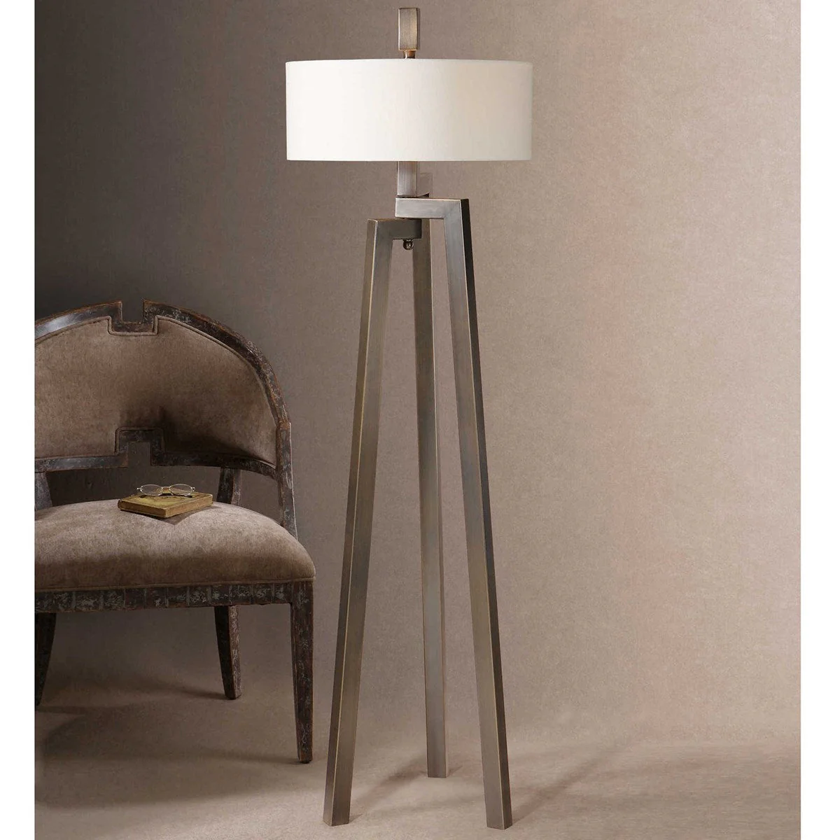 Uttermost Mondovi Brushed Bronze Floor Lamp With White Linen Shade - Image 3