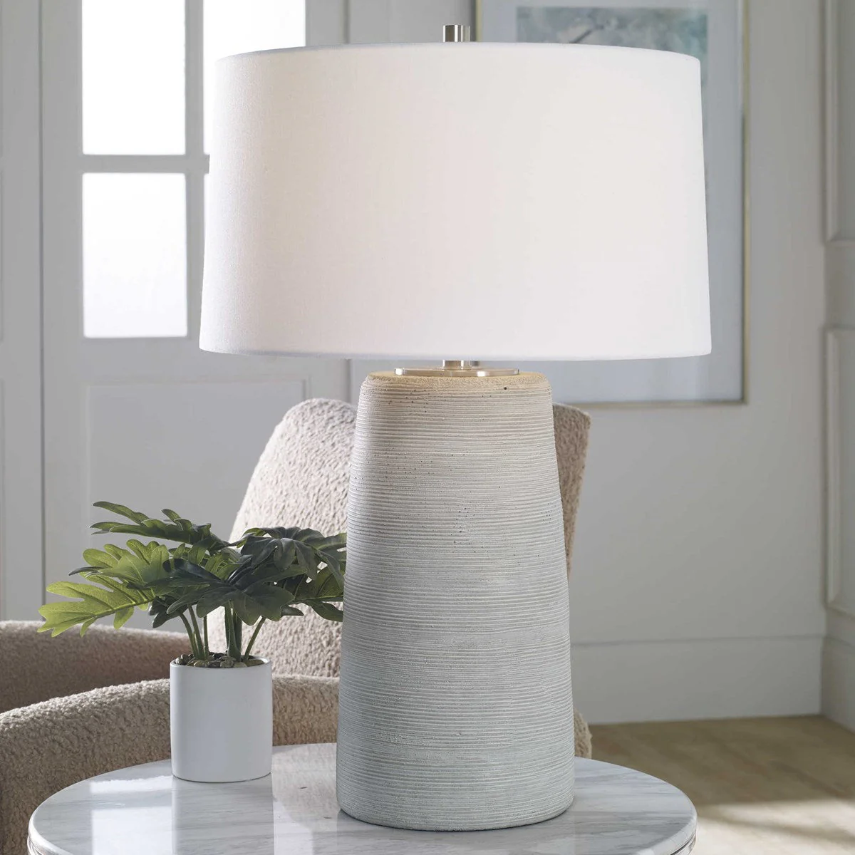 Uttermost Mountainscape Off-White and Gray Ceramic Table Lamp With White Linen Shade - Image 3
