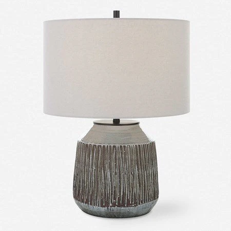 Uttermost Neolithic Blue Gray Crackle Glazed Ceramic Table Lamp With Oatmeal Linen Shade - Image 3
