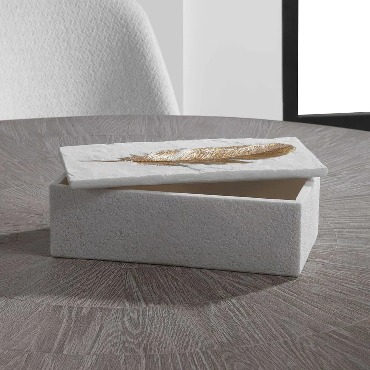 Uttermost Nephele Aged White with Gold Leaf Feather Decorative Box - Image 2