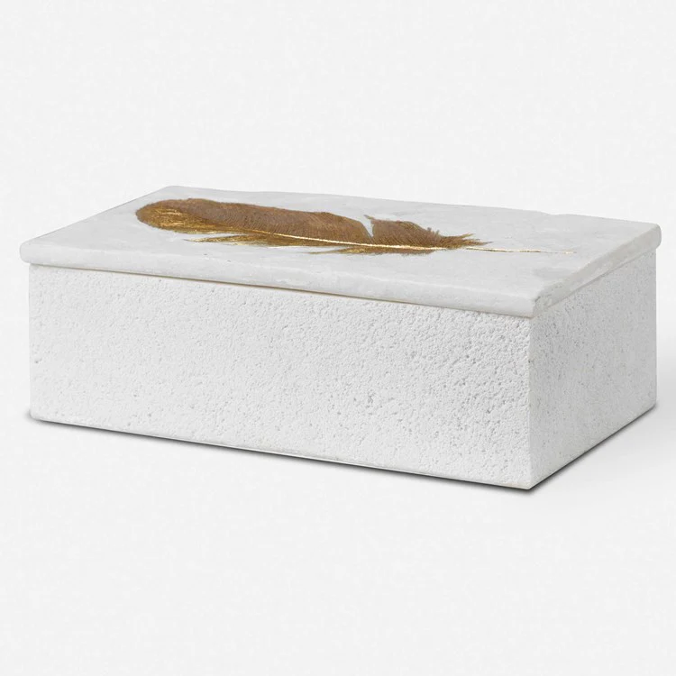Uttermost Nephele Aged White with Gold Leaf Feather Decorative Box - Image 3