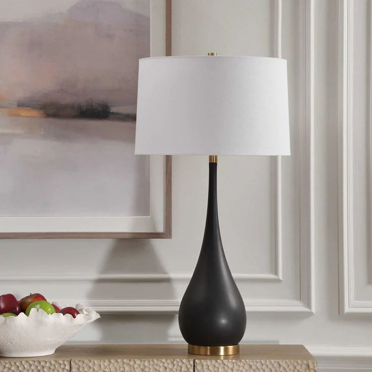 Uttermost Nocturnal Black Stone and Brass Table Lamp With White Linen Shade