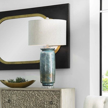 Uttermost Olesya Ocean Blue and Metallic Bronze Table Lamp With Beige Linen Shade - Image 2