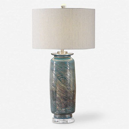 Uttermost Olesya Ocean Blue and Metallic Bronze Table Lamp With Beige Linen Shade - Image 3