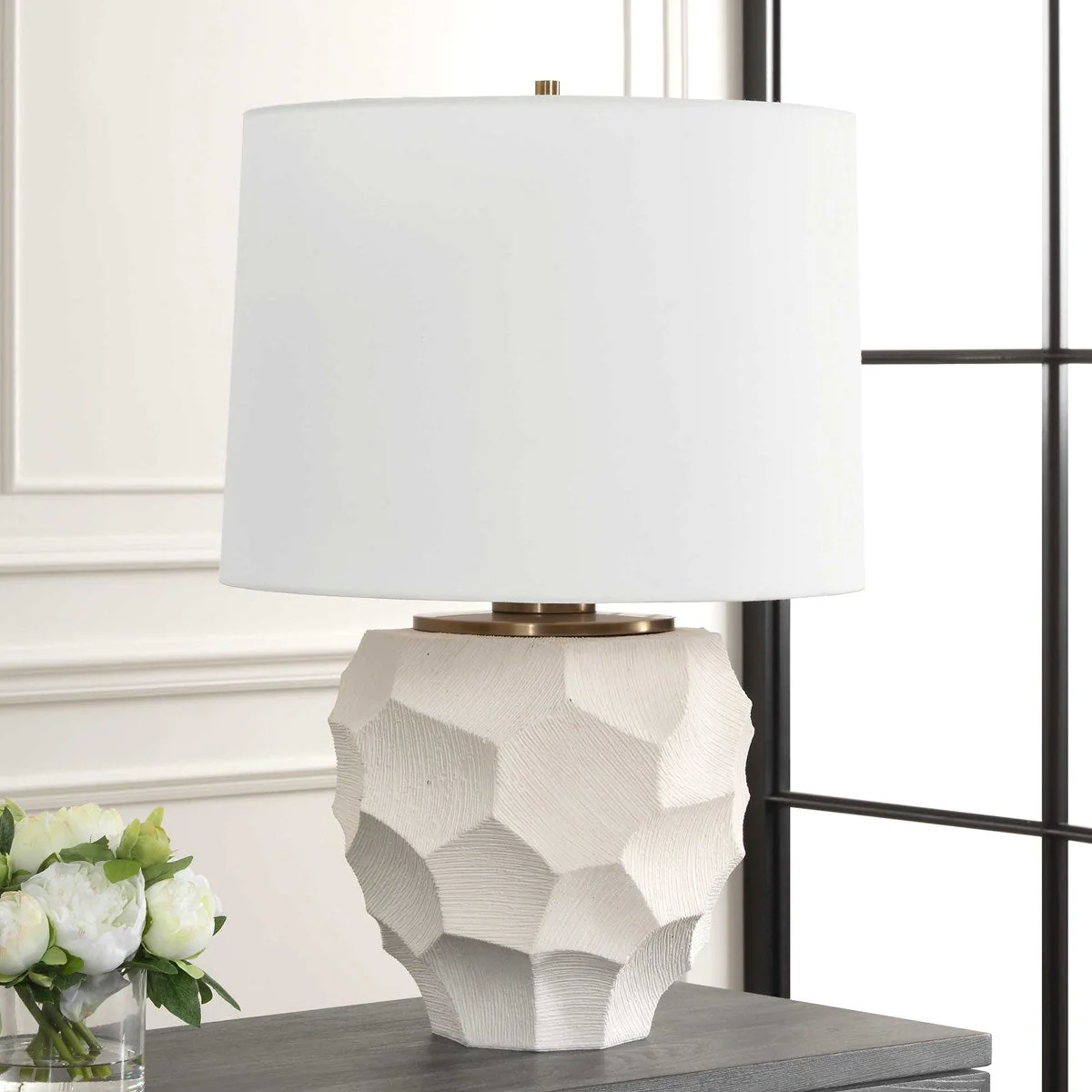 Uttermost On Edge Chalk White Glazed Textured Ceramic Table Lamp With White Linen Shade - Image 2