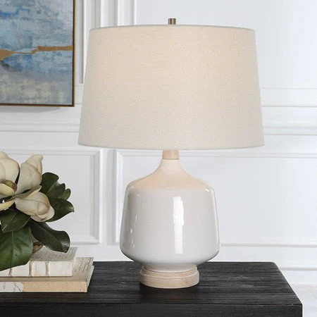Uttermost Opal White Gloss Glazed Ceramic Table Lamp With Off-White Linen Shade - Image 3