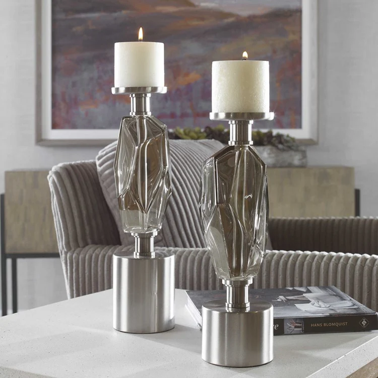 Uttermost Ore Brushed Nickel and Silver Glass Contemporary Set of 2 Candle Holders ~ Candles Included
