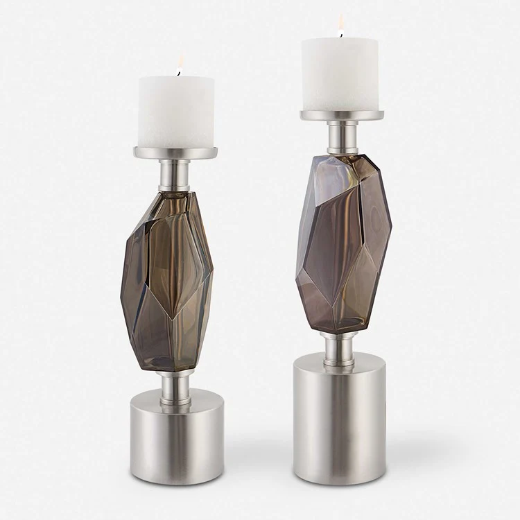 Uttermost Ore Brushed Nickel and Silver Glass Contemporary Set of 2 Candle Holders ~ Candles Included - Image 2