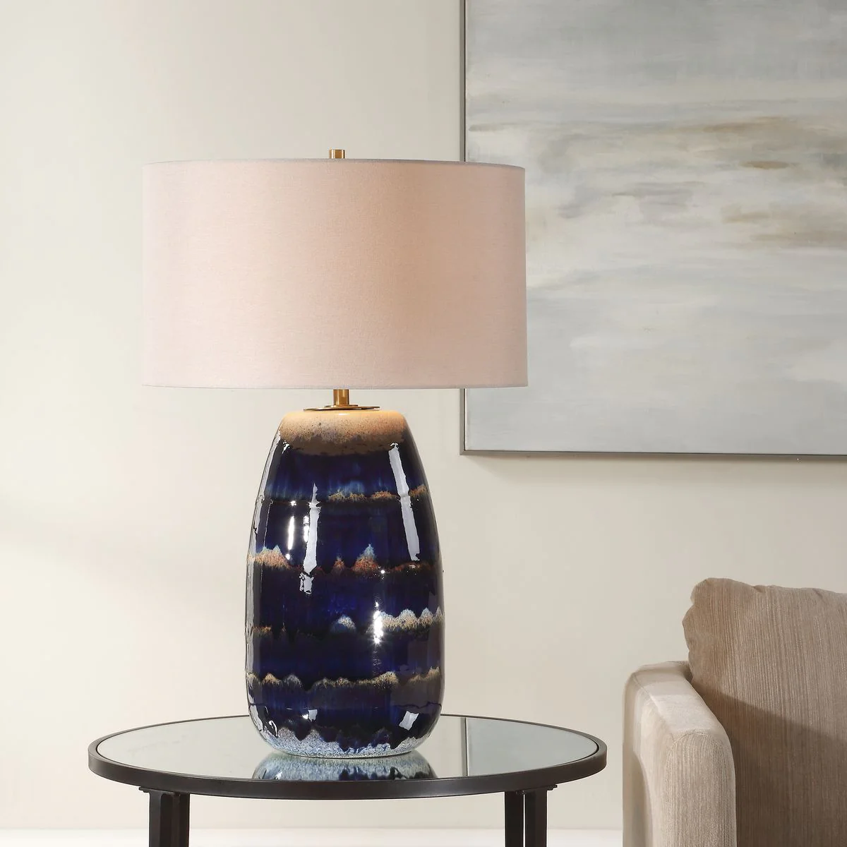 Uttermost Orleans Blue Drip Glazed Table Lamp With White Linen Shade