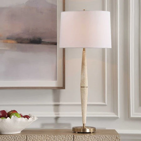 Uttermost Palu Beige Travertine Table Lamp With White Linen Shade - Image 3